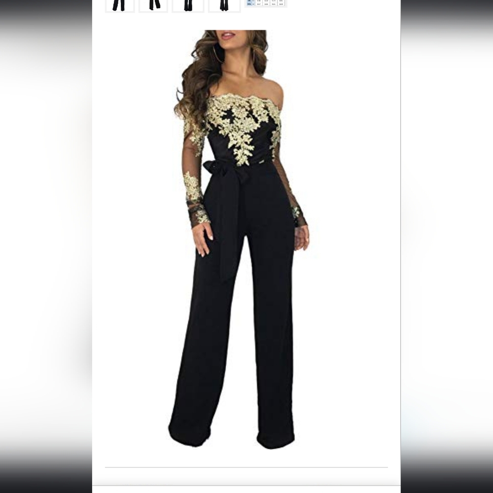Shoulder Floral Lace Long Sleeve Bodycon Wide Leg Jumpsuits Rompers with Belt